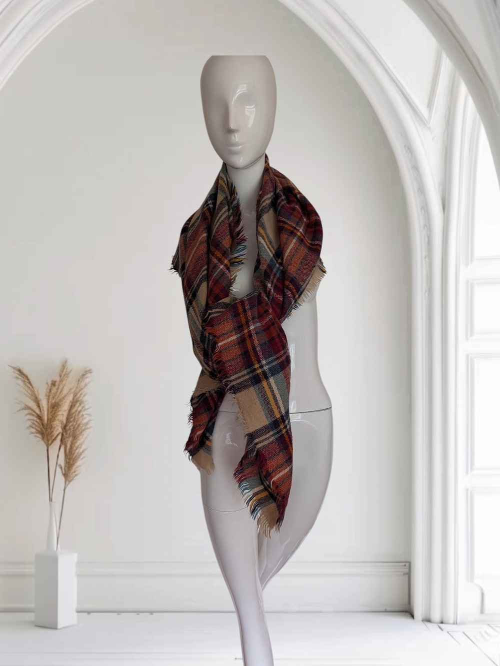 Plaid Blanket Scarf in Rust, Tan & Navy 51 In/54in